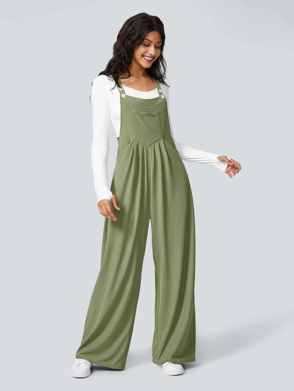 Halara Large $50 Olive Green Wide Leg Loose Relaxed Overalls with Front Pocket